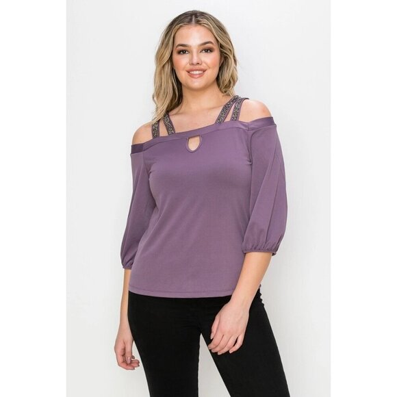 Embellishment Double Straps Keyhole Cold Shoulder Blouse - Picture 6 of 9